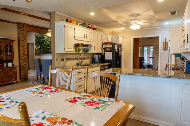kitchen featuring a sink, ceiling fan, black refrigerator with ice dispenser, and visible vents