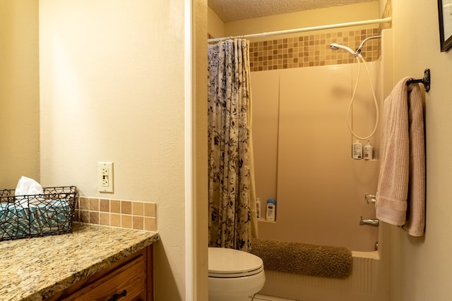 full bathroom with vanity, shower / bath combination with curtain, toilet, and tasteful backsplash