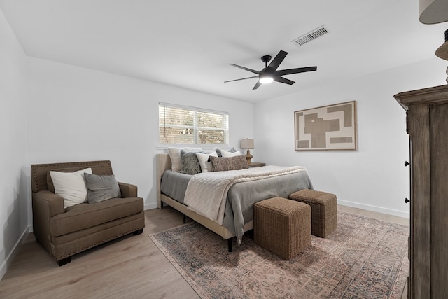 bedroom with ceiling fan and light wood-type flooring