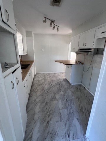 kitchen featuring rail lighting, sink, and white cabinets