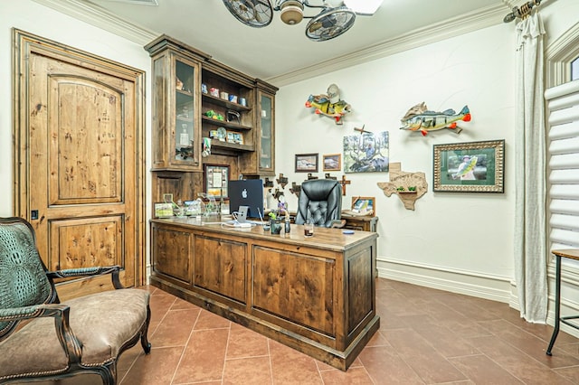 office space featuring tile patterned flooring and ornamental molding