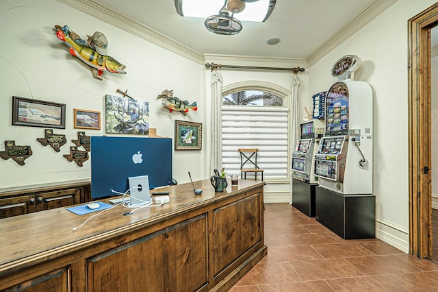 tiled home office with crown molding