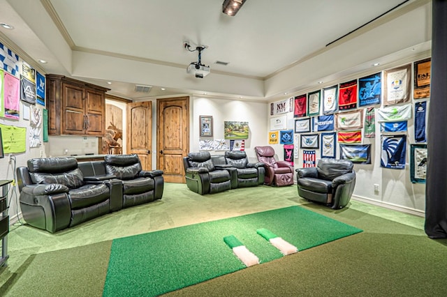 game room with carpet flooring, golf simulator, and ornamental molding