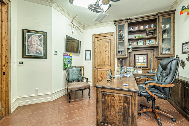 tiled home office featuring crown molding