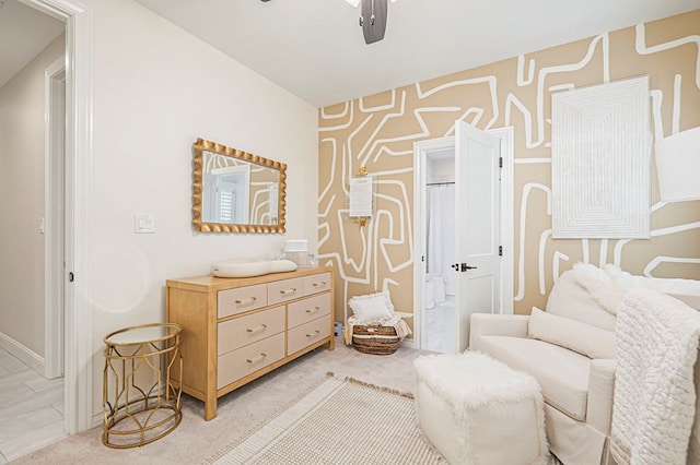 carpeted bedroom featuring a ceiling fan