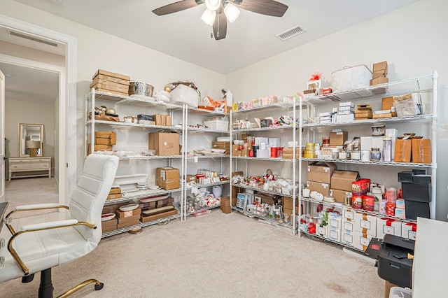 storage featuring visible vents and a ceiling fan