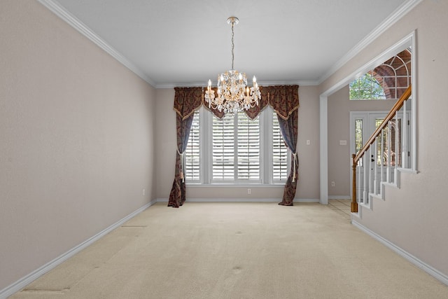 unfurnished dining area featuring ornamental molding, stairway, a chandelier, carpet floors, and baseboards
