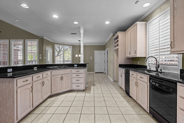 kitchen with light brown cabinetry, a sink, black appliances, ornamental molding, and recessed lighting