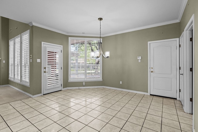 interior space featuring baseboards, ornamental molding, an inviting chandelier, and light tile patterned flooring