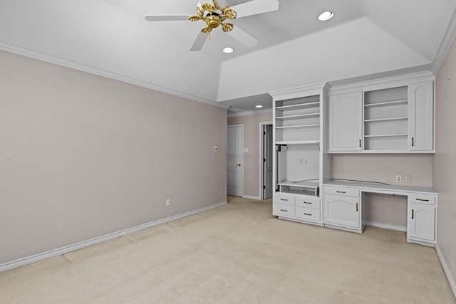 unfurnished bedroom with recessed lighting, baseboards, ornamental molding, ceiling fan, and light carpet
