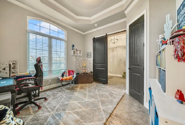 office space featuring a barn door and ornamental molding