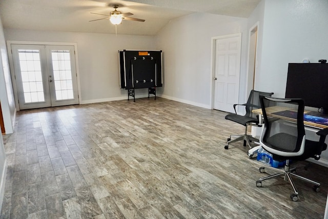 office area with baseboards, a ceiling fan, french doors, and wood finished floors