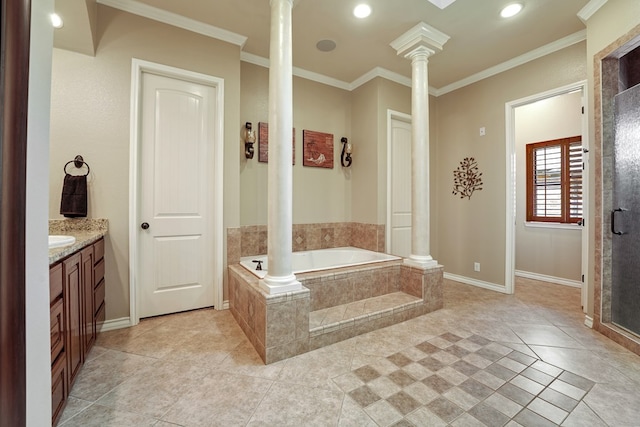 bathroom featuring decorative columns, tile patterned floors, crown molding, separate shower and tub, and vanity