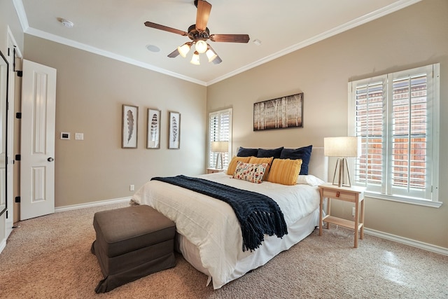 bedroom with ceiling fan and ornamental molding