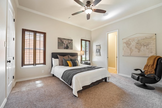 carpeted bedroom featuring ceiling fan and ornamental molding