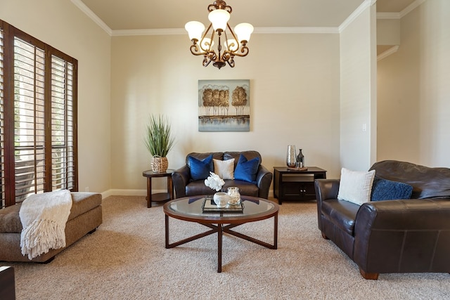 carpeted living room with a notable chandelier and crown molding