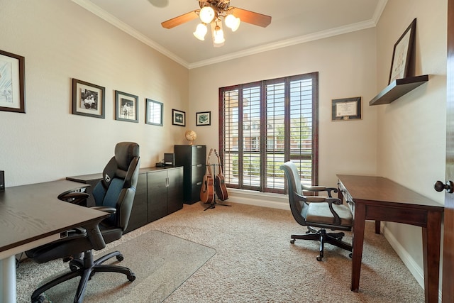 carpeted office space featuring ceiling fan and ornamental molding