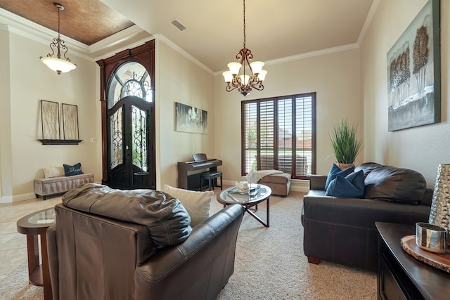 living room featuring a chandelier, a healthy amount of sunlight, and ornamental molding