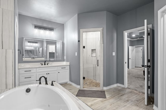 bathroom with vanity, independent shower and bath, and hardwood / wood-style flooring