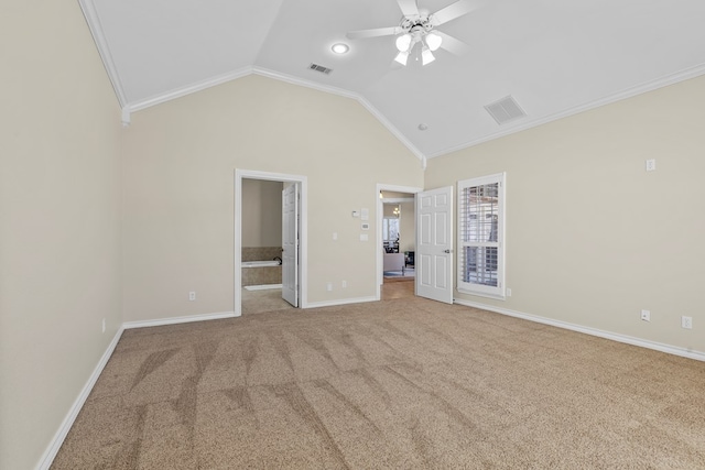 unfurnished bedroom with ceiling fan, high vaulted ceiling, ensuite bathroom, carpet flooring, and ornamental molding