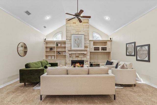 living room with ornamental molding, a fireplace, high vaulted ceiling, and light carpet