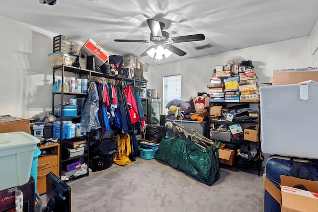 storage room featuring ceiling fan