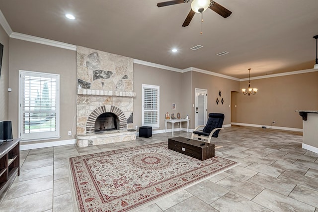 kitchen featuring stainless steel appliances, pendant lighting, ornamental molding, and tasteful backsplash