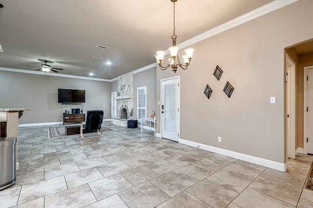 kitchen with recessed lighting, ornamental molding, baseboards, open floor plan, and ceiling fan with notable chandelier