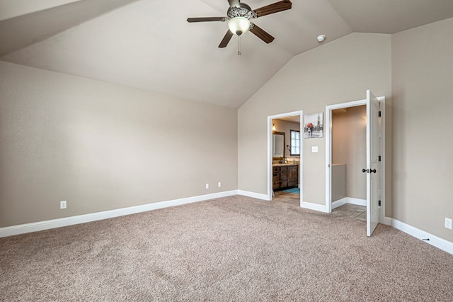 unfurnished room featuring carpet floors, visible vents, baseboards, and ceiling fan
