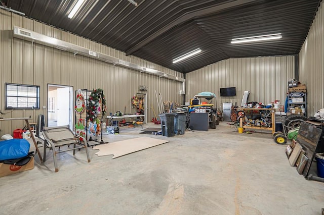 garage with a workshop area