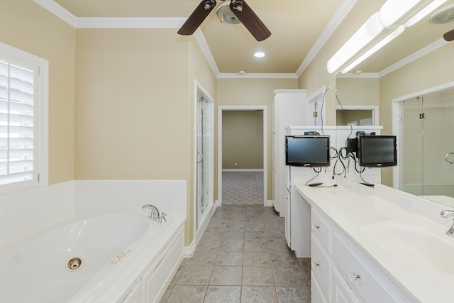 bathroom with vanity, ceiling fan, crown molding, and independent shower and bath