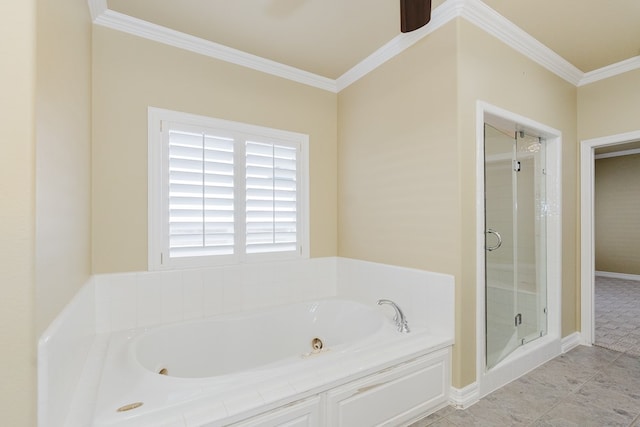 bathroom featuring tile patterned flooring, independent shower and bath, and crown molding