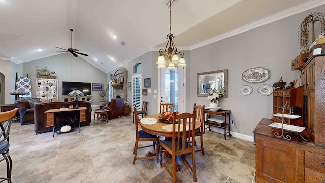 dining space with crown molding, high vaulted ceiling, and ceiling fan with notable chandelier