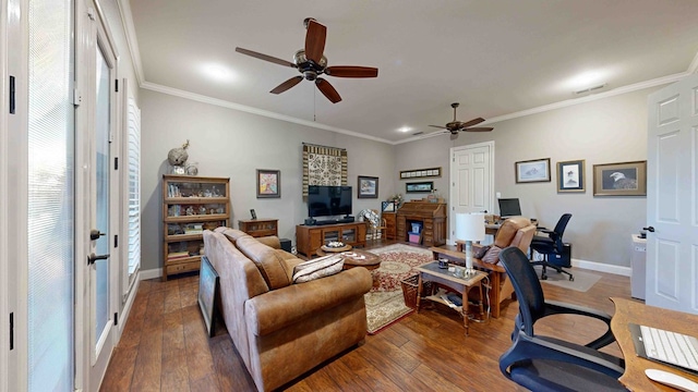 living room with dark hardwood / wood-style floors, ceiling fan, and crown molding