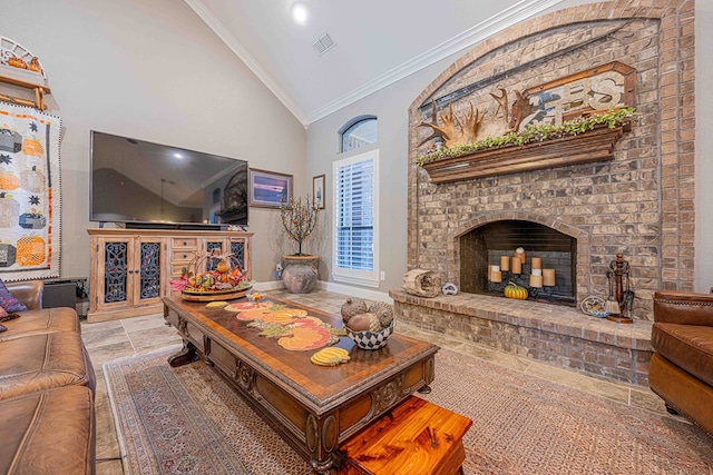 living room featuring ornamental molding, a fireplace, and high vaulted ceiling