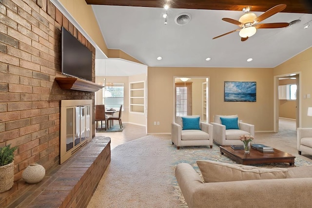4 Glenwick Cv, Big Spring, TX 79720 - living room with vaulted ceiling with beams, carpet, visible vents, and a healthy amount of sunlight