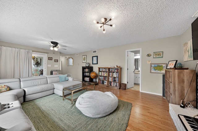 4502 Green Tree Blvd, Midland, TX 79707 - living room with light wood-style flooring, a textured ceiling, and ceiling fan