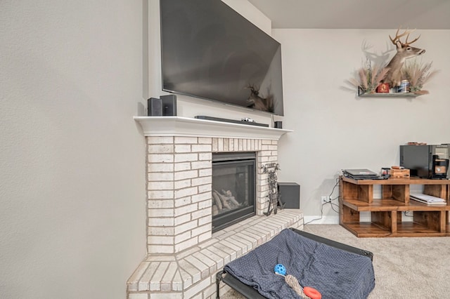 living room featuring a fireplace and light colored carpet