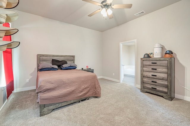 bedroom featuring carpet floors, visible vents, ceiling fan, and baseboards