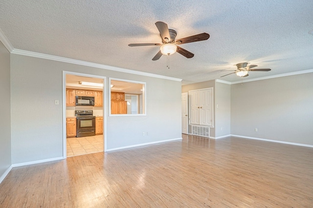 unfurnished living room featuring ceiling fan, crown molding, a textured ceiling, and light wood-type flooring