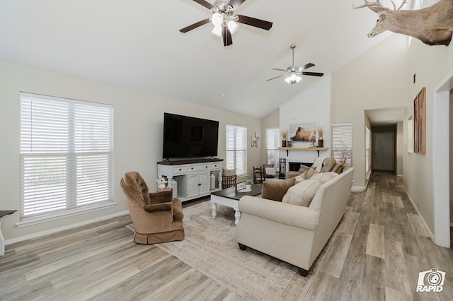 4313 Downing Ave, Midland, TX 79707 - living area with ceiling fan, high vaulted ceiling, baseboards, and light wood-style flooring