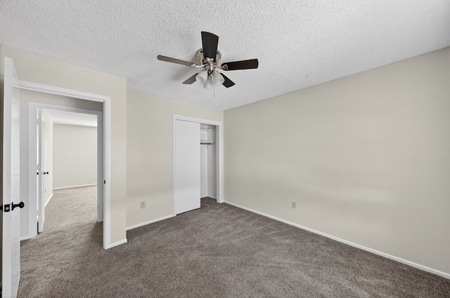 3208 Preston Dr, Midland, TX 79707 - unfurnished bedroom featuring dark carpet, a closet, a textured ceiling, and ceiling fan