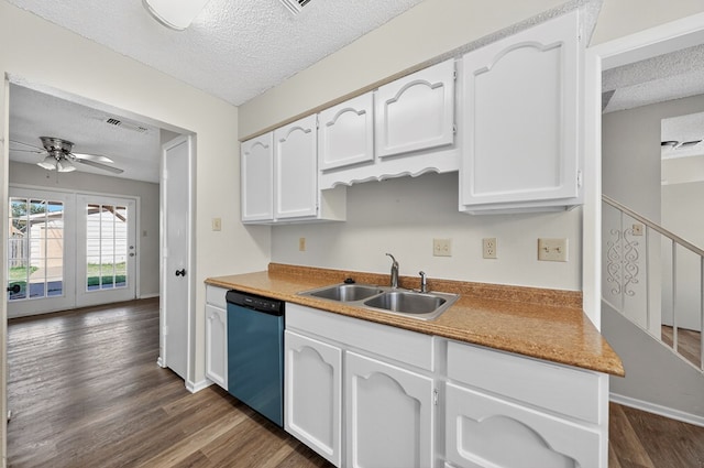 3208 Preston Dr, Midland, TX 79707 - kitchen with dishwashing machine, a textured ceiling, white cabinetry, dark wood-style flooring, and a ceiling fan