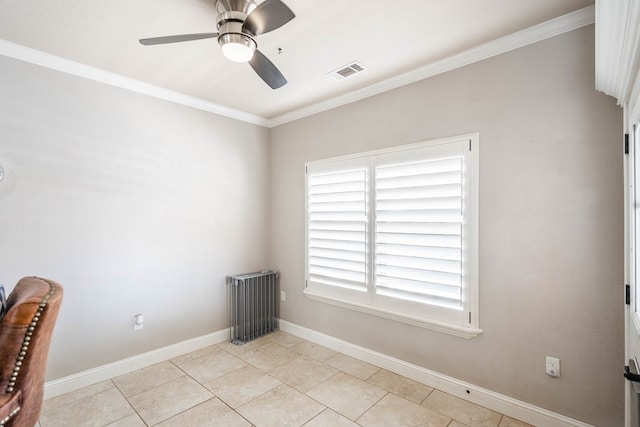 7209 E County Rd 96, Midland, TX 79706 - empty room with ornamental molding, baseboards, a ceiling fan, and light tile patterned floors