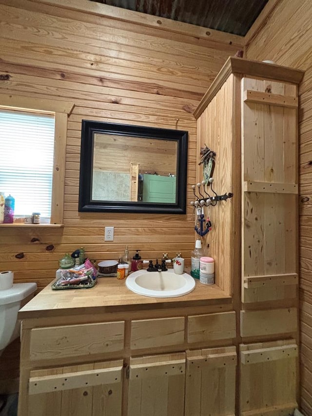 bathroom with wood walls, toilet, and vanity