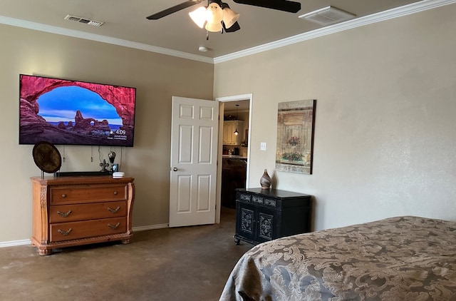 carpeted bedroom with ceiling fan and crown molding