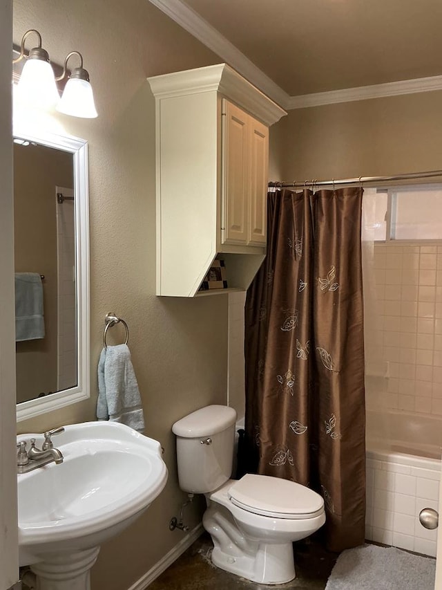 full bathroom with shower / bath combination with curtain, ornamental molding, and sink