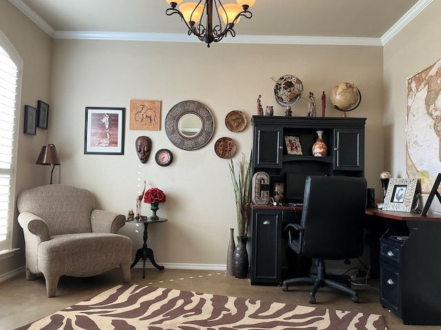 carpeted office with an inviting chandelier and crown molding