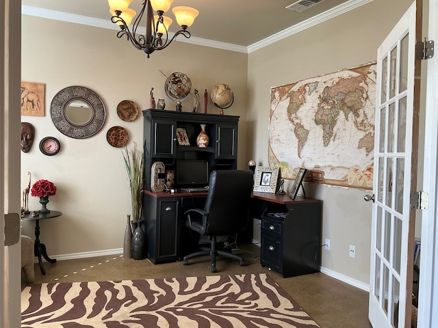 office space with ornamental molding, french doors, and a chandelier