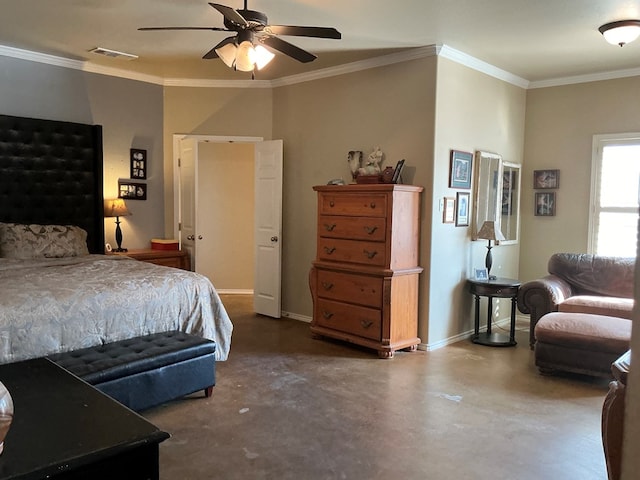 bedroom with ceiling fan, ornamental molding, and concrete flooring